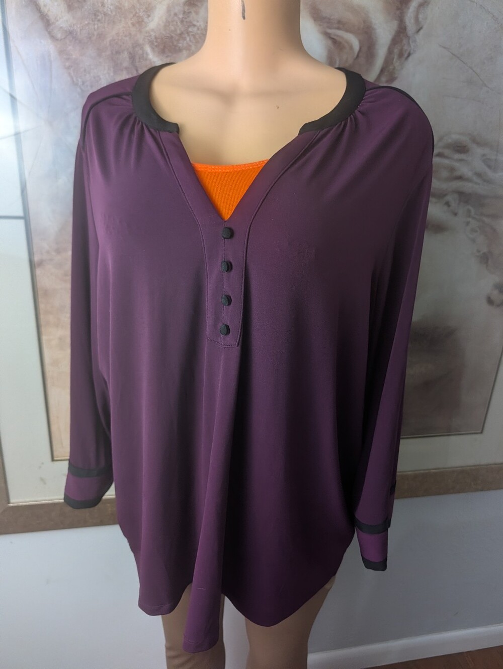 Karl Lagerfeld Purple Henley Blouse Black Trim V-Neck Long Sleeve Top Size 1x